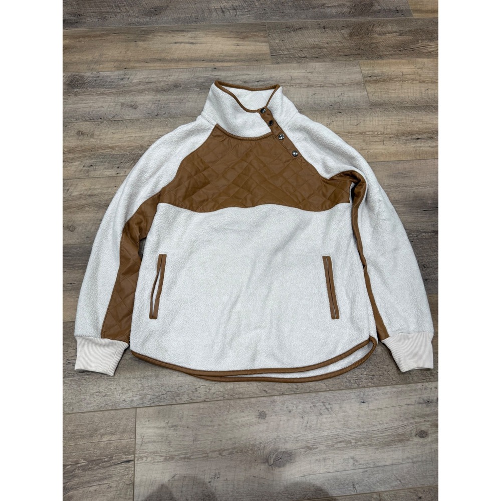 Abercrombie & Fitch Cream Sherpa Fleece Quilted Faux Leather Snap Pullover M